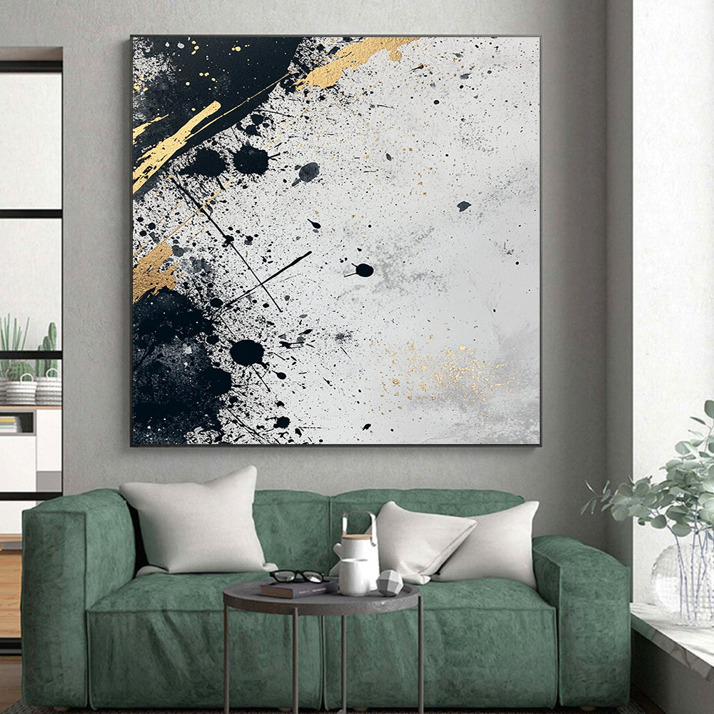 Gray, Black, Gold, Splattered Patterns "Industrial Luxe" Abstract Painting On Canvas HB037