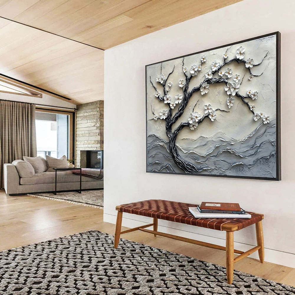 “White Blossom Tree Relief” - Whites, Grays, Textured Tree with Blossoms - 3D Relief Sculpture Painting HB1740