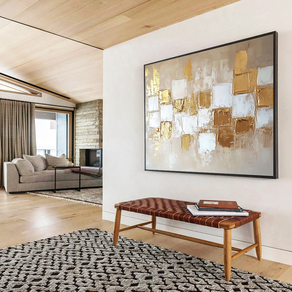 “Gold and Beige Geometric Abstract” - Gold, Beige, Geometric Textured Shapes Painting On Canvas HB0885