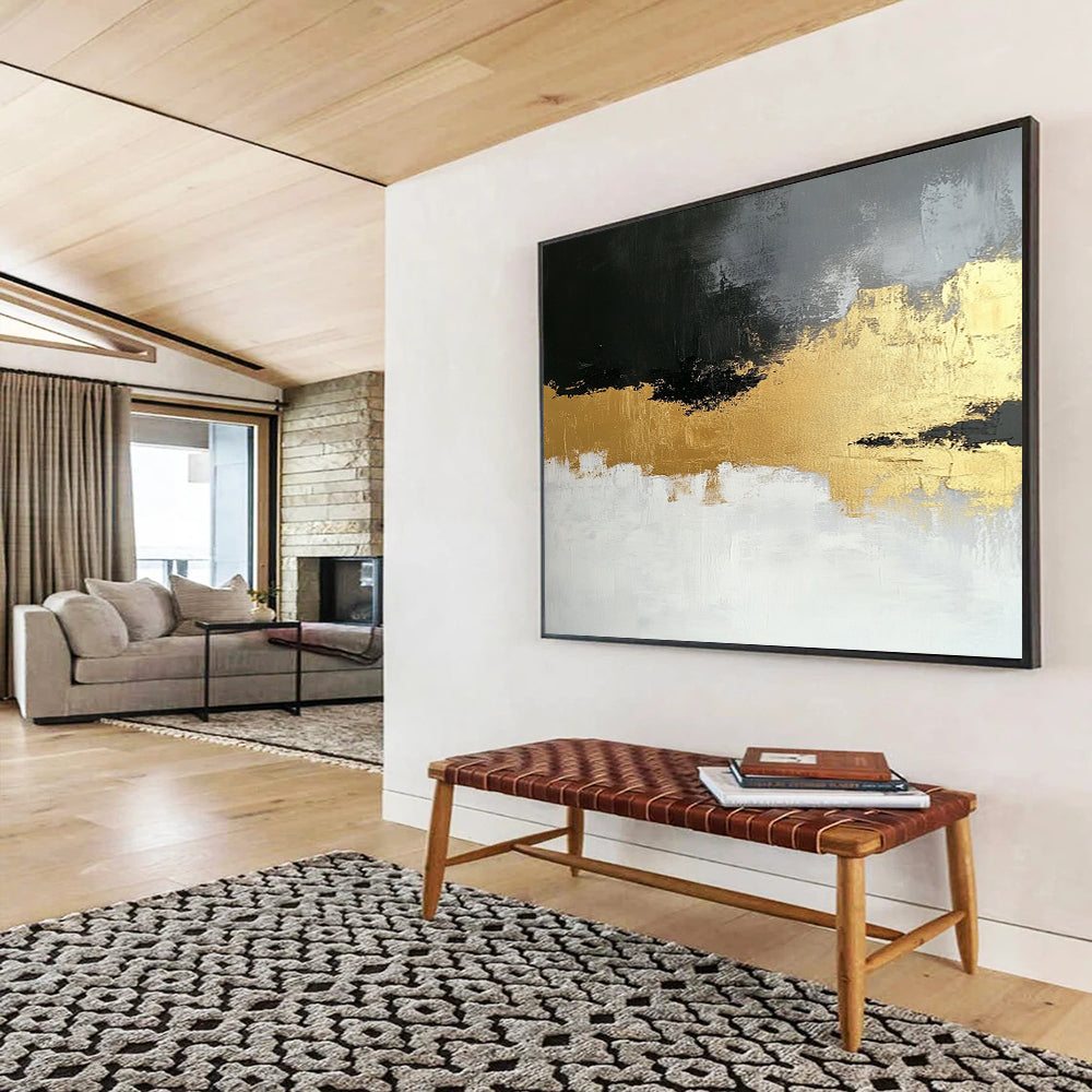 “Gold - Gray Abstract Fusion” - Gold, Gray, Textured Swirls Painting On Canvas HB0806