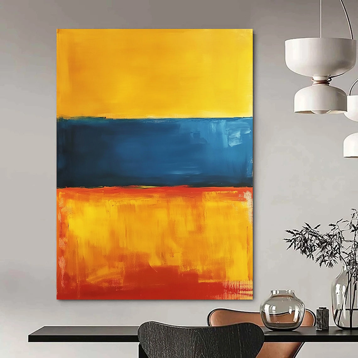 Contemporary abstract artwork featuring a vibrant interplay of orange, blue, and yellow hues, inspired by minimalist aesthetics. DLZ1354