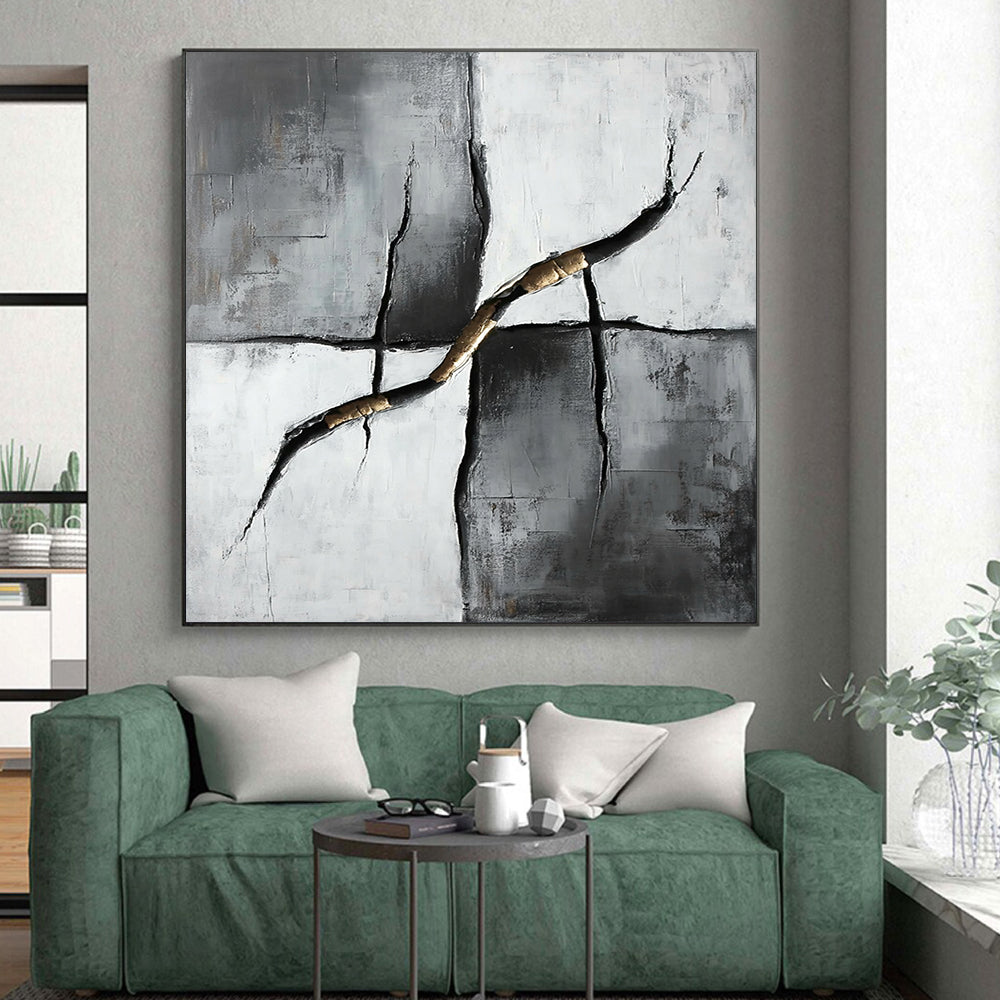 Gray, Black, White and Gold Kintsugi - Inspired "Golden Repair" Painting On Canvas HB359