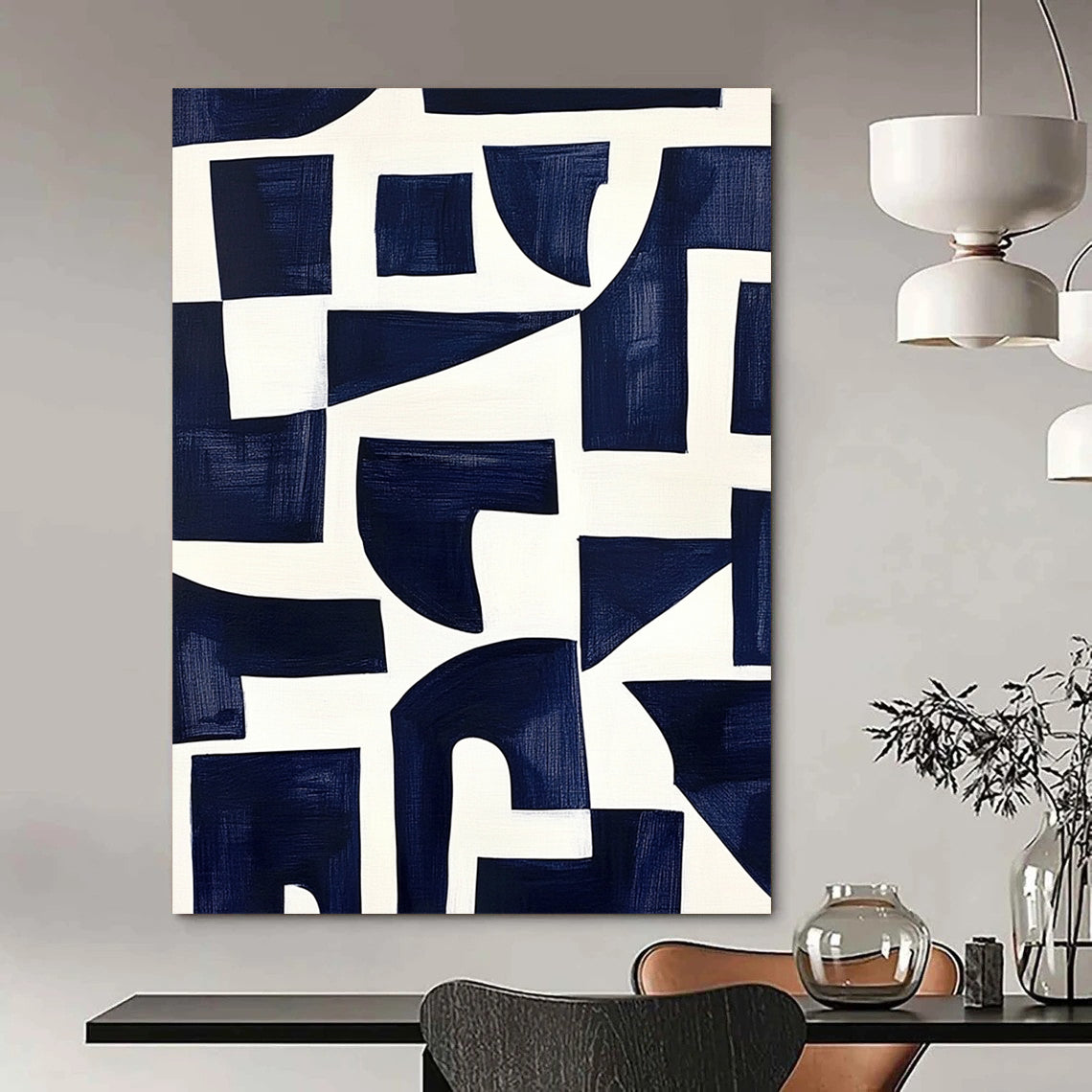 Contemporary hand-painted abstract art features navy blue shapes on a white background inspired by Matisse's cutouts with dark indigo and off-white accents. DLZ1430