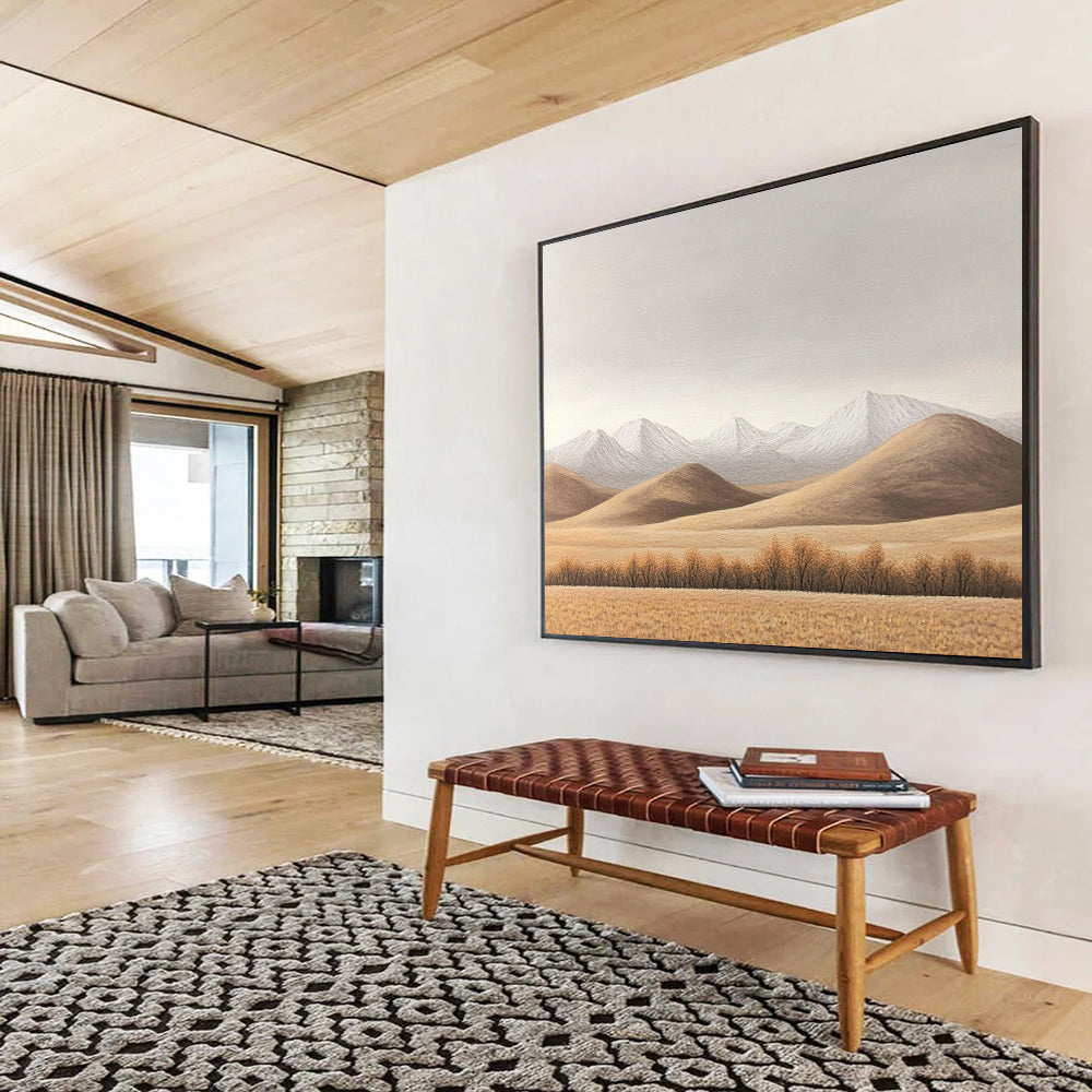 “Minimalist Mountain Landscape” - Brown, White, Gray, Simplified Nature Scene - Oil Painting HB1652