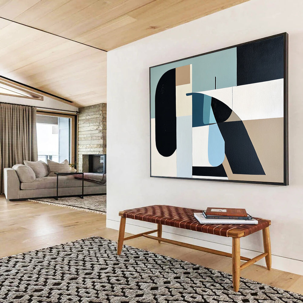 “Pastel Geometric Shapes” - Blue, Beige, Black, Abstract Forms - Mid - Century Acrylic Painting HB1492