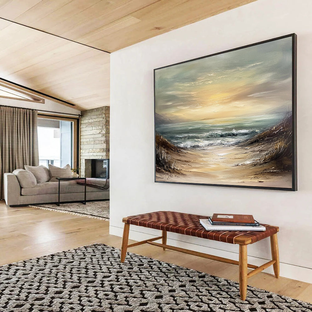 “Muted Beach Path” - Beige, Green, Blue, Sandy Path to the Sea - Textured Oil Painting HB1703