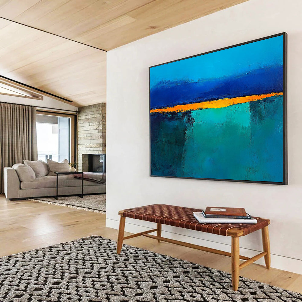 “Blue Orange Abstract Horizon” - Blue, Orange, Teal, Yellow, Horizontal Forms - Painting On Canvas HB1424