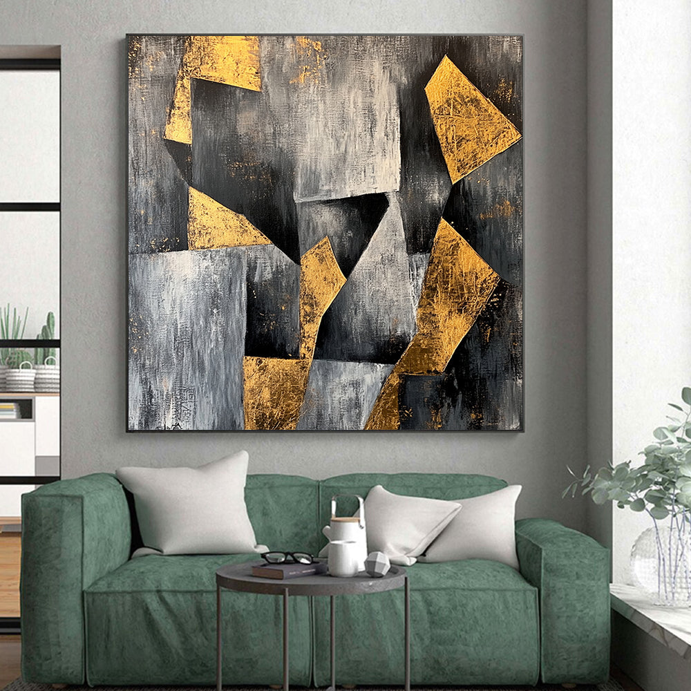 Gray, Black, White, Gold, Angular Shapes "Golden Structure" Abstract Modernist Painting On Canvas HB080