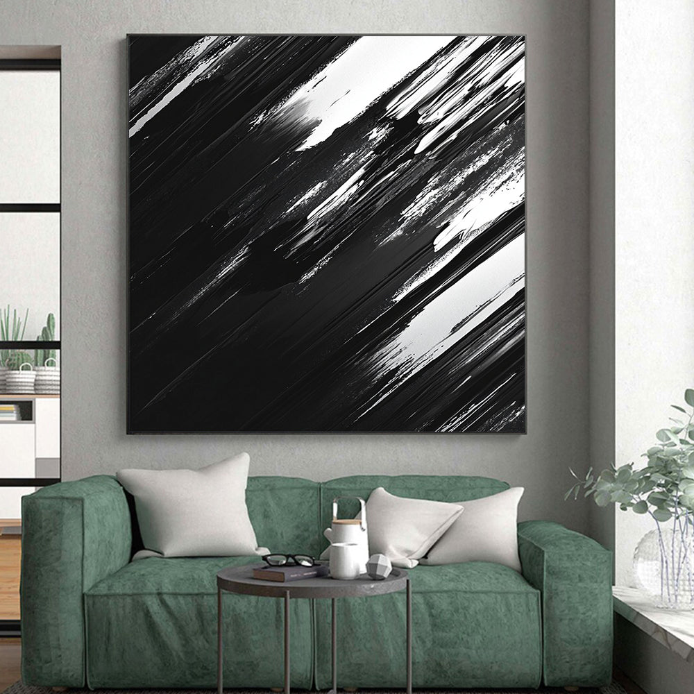 Black, White and Gray Dynamic Strokes "Shadow Motion" Painting On Canvas HB313