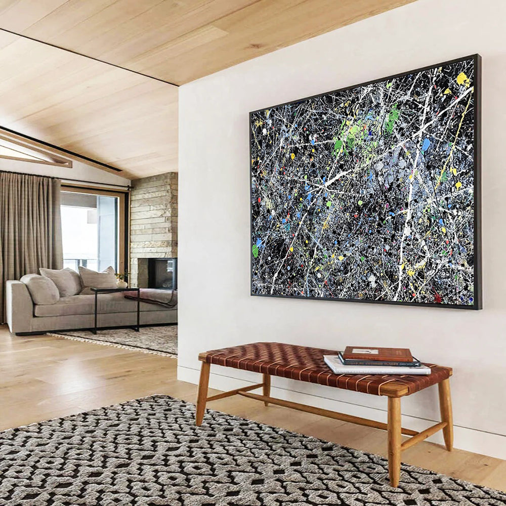 “Colorful Splatter Abstract” - Black, Colorful Splatters, White Lines - Painting On Canvas HB1433