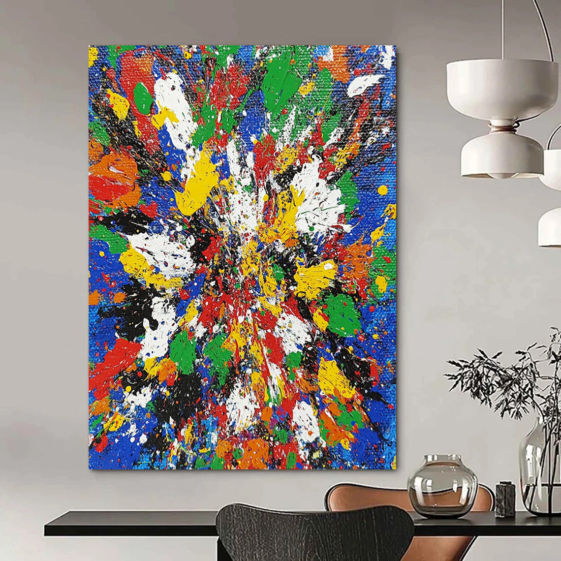 Vibrant contemporary abstract painting featuring chaotic splatters in bright primary colors showcasing dynamic brushstrokes and intricate textures. DLZ1407