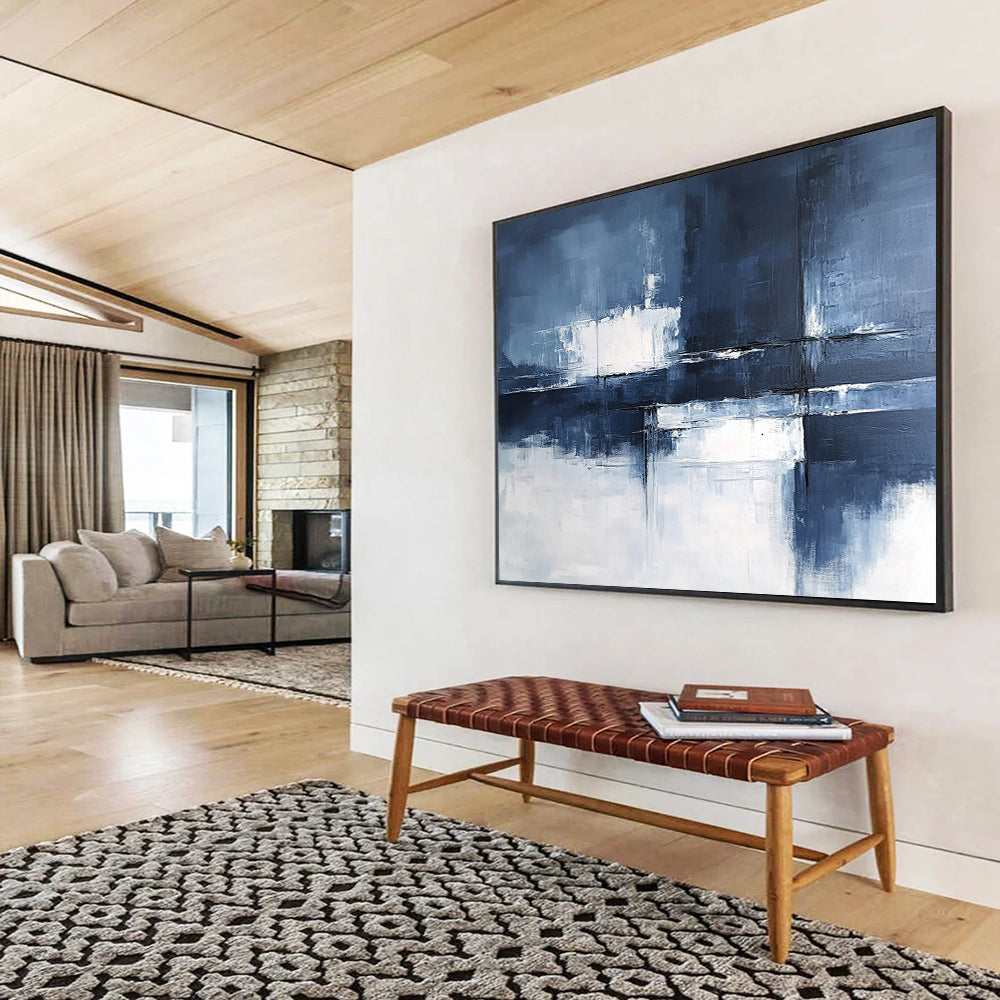 “Blue - Gray Abstract Geometric Reflections” - Blue, Gray, White, Geometric Reflections Painting On Canvas HB0831