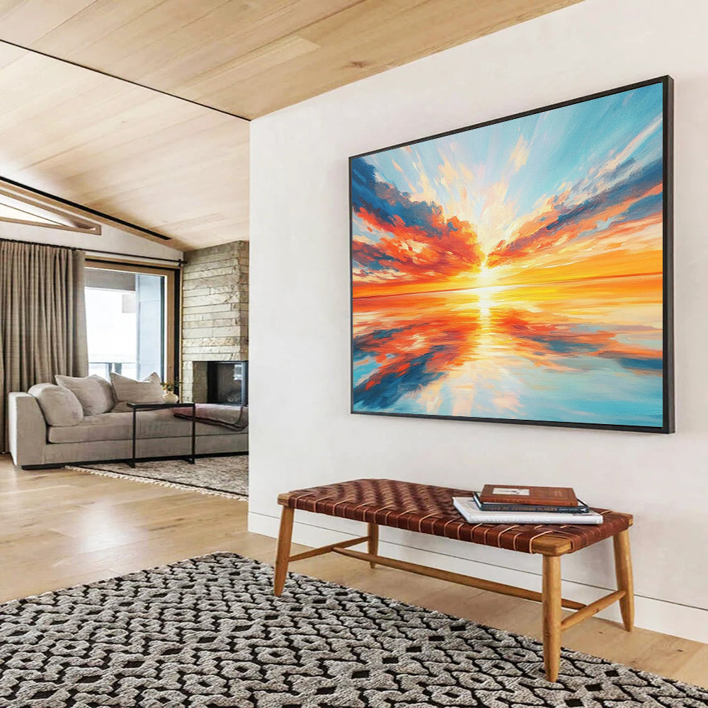 “Vibrant Sunset Over Sea” - Oranges, Reds, Yellows, Blues, Ocean Sunset - Expressionist Oil Painting HB1577