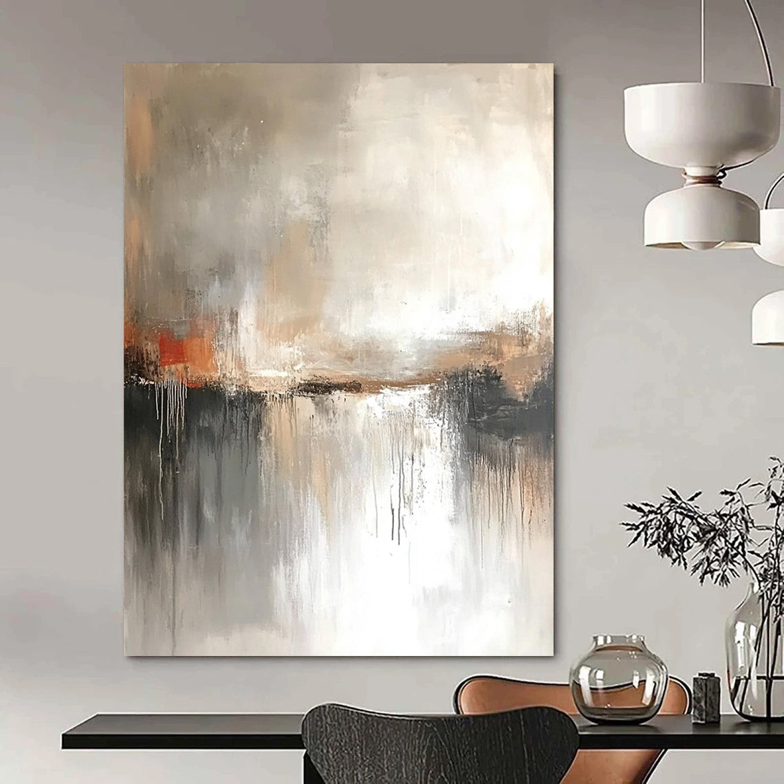 Contemporary abstract painting with muted colors, gray tones, and atmospheric effect, inspired by J.M.W. Turner’s expressive landscapes. DLZ0406