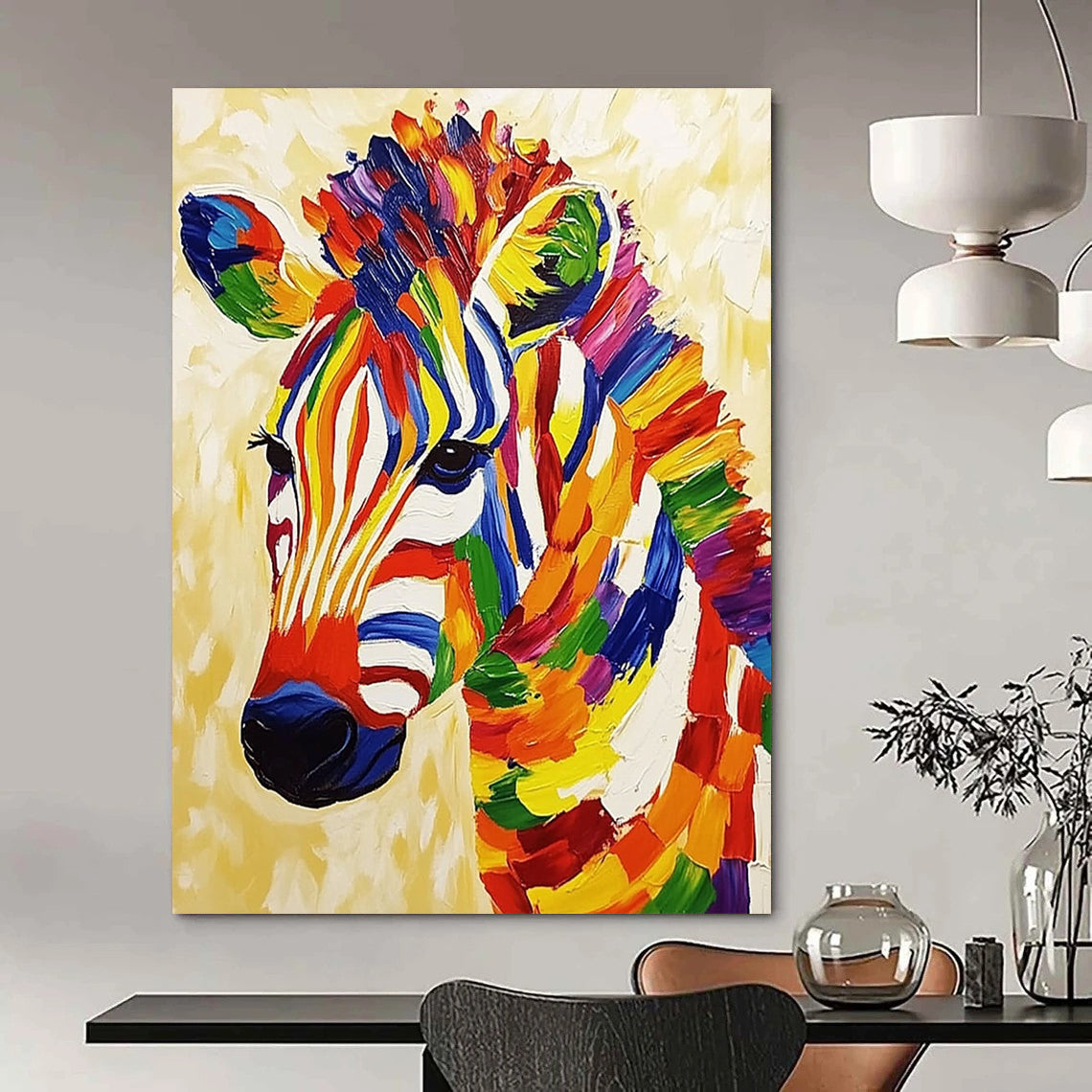 Vibrant contemporary abstract painting featuring a textured zebra on a beige background radiating cheerful energy and bold colors. DLZ1401