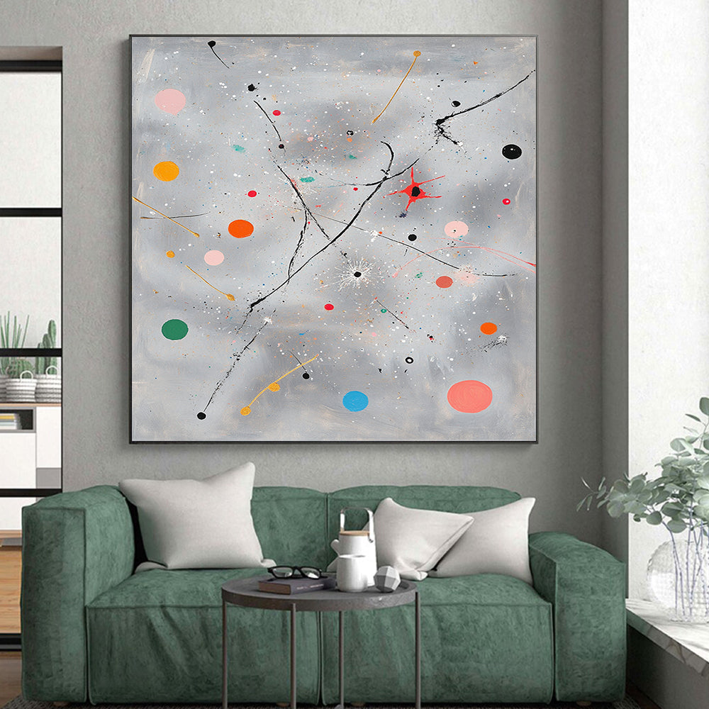 Gray, Colorful Dots, Lines "Playful Cosmos" Abstract Expressionist Painting On Canvas HB086