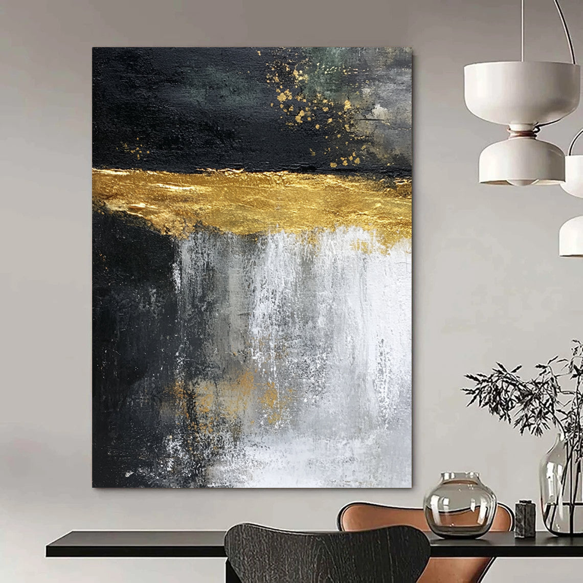 Contemporary hand-painted abstract artwork featuring cascading water, vibrant light yellow glaze, and dark rock contrasts, evoking natural beauty in dynamic movement. DLZ1208