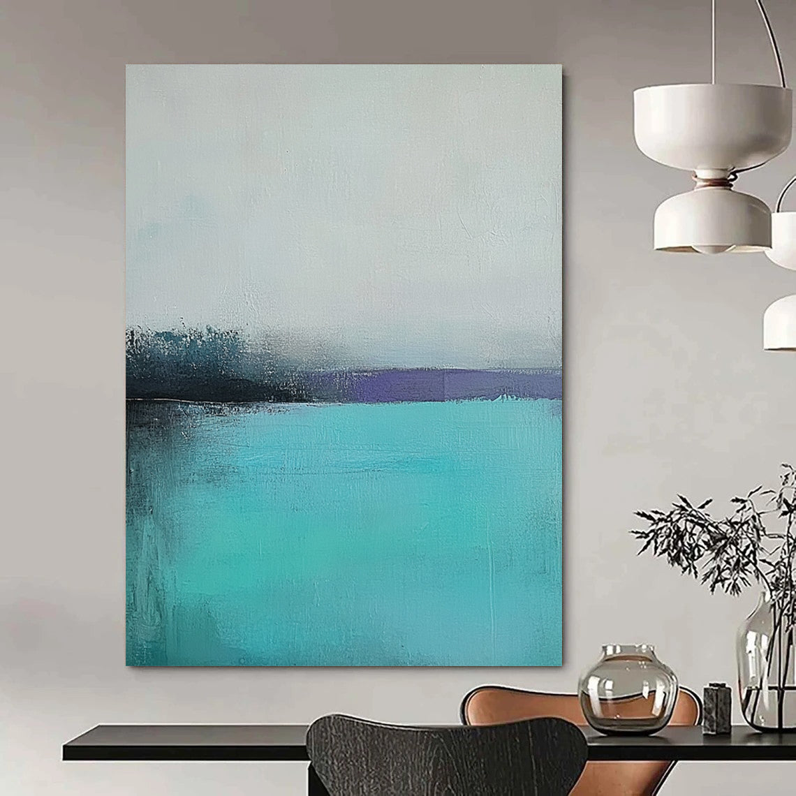 Large contemporary hand-painted abstract artwork captures a tranquil turquoise sea with a misty gray sky using muted colors and soft brush strokes for emotional depth. DLZ0428