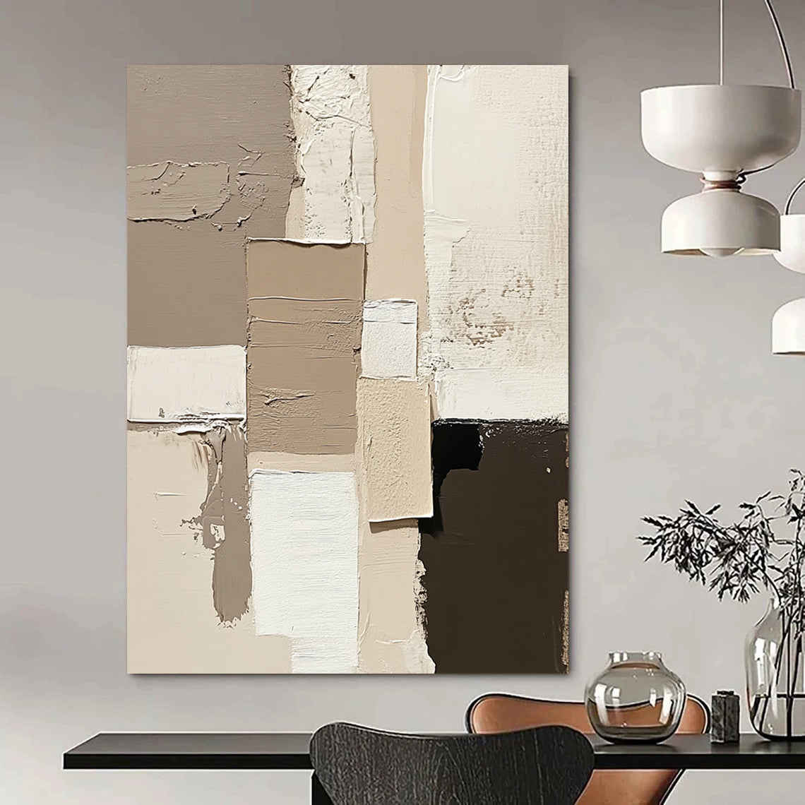 Large contemporary hand-painted abstract artwork featuring beige and neutral tones with expressive brush strokes on a minimalist canvas. DLZ0293