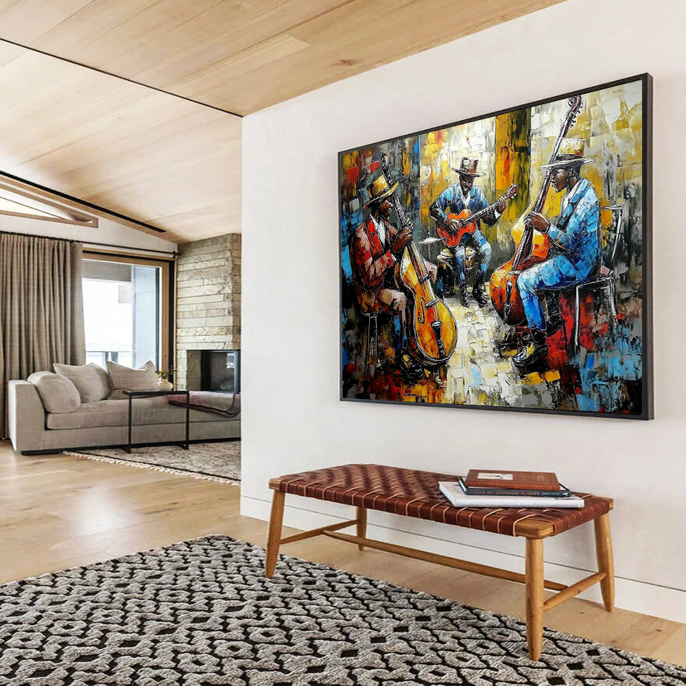 “Vibrant Jazz Band” - Colorful Palette, Jazz Musicians, Figurative Painting On Canvas HB0996