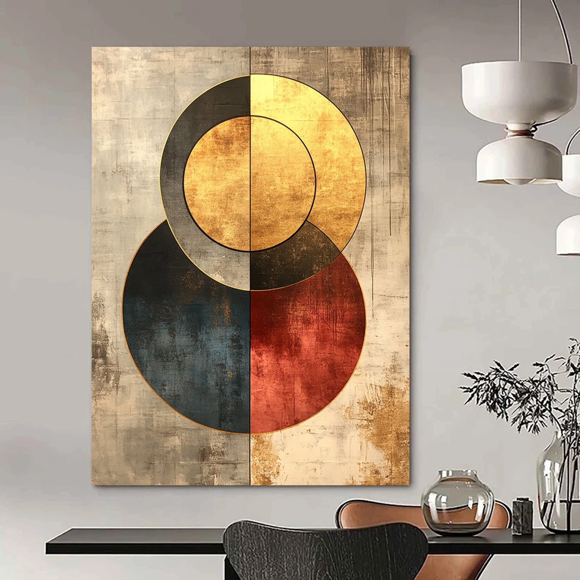 Contemporary hand-painted abstract art in gold and grey features retro circles with a grainy texture and minimalist background for timeless elegance. DLZ0266