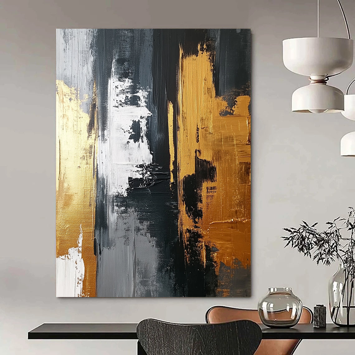 Abstract artwork featuring a gold and gray palette with bold brush strokes and white highlights on a dark gray background, emphasizing texture and dynamic design. DLZ0705