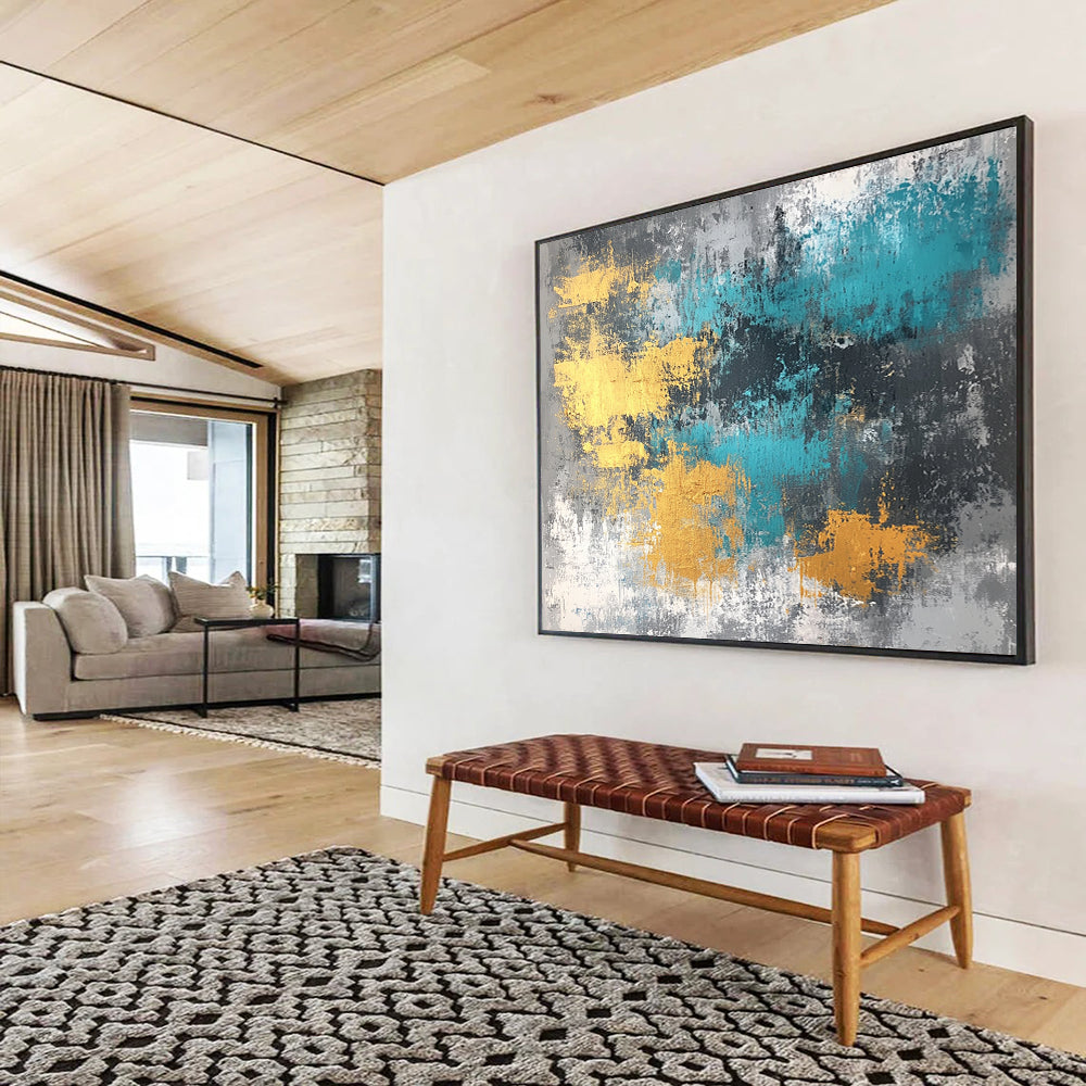 “Gold Teal Gray Abstract Textures” - Gold, teal, gray; Abstract with textured brushstrokes HB1286