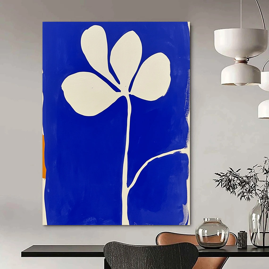 Large contemporary abstract painting featuring blue and white minimalist flower shapes in the style of Matisse with block print aesthetics. DLZ1154