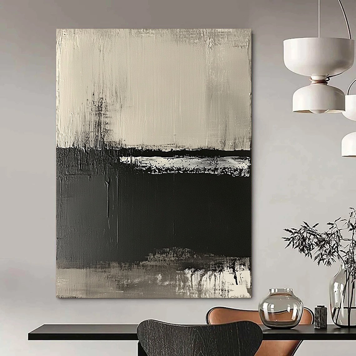 Contemporary hand-painted abstract artwork on textured canvas featuring neutral tones and a striking black-and-white horizon landscape. DLZ0679