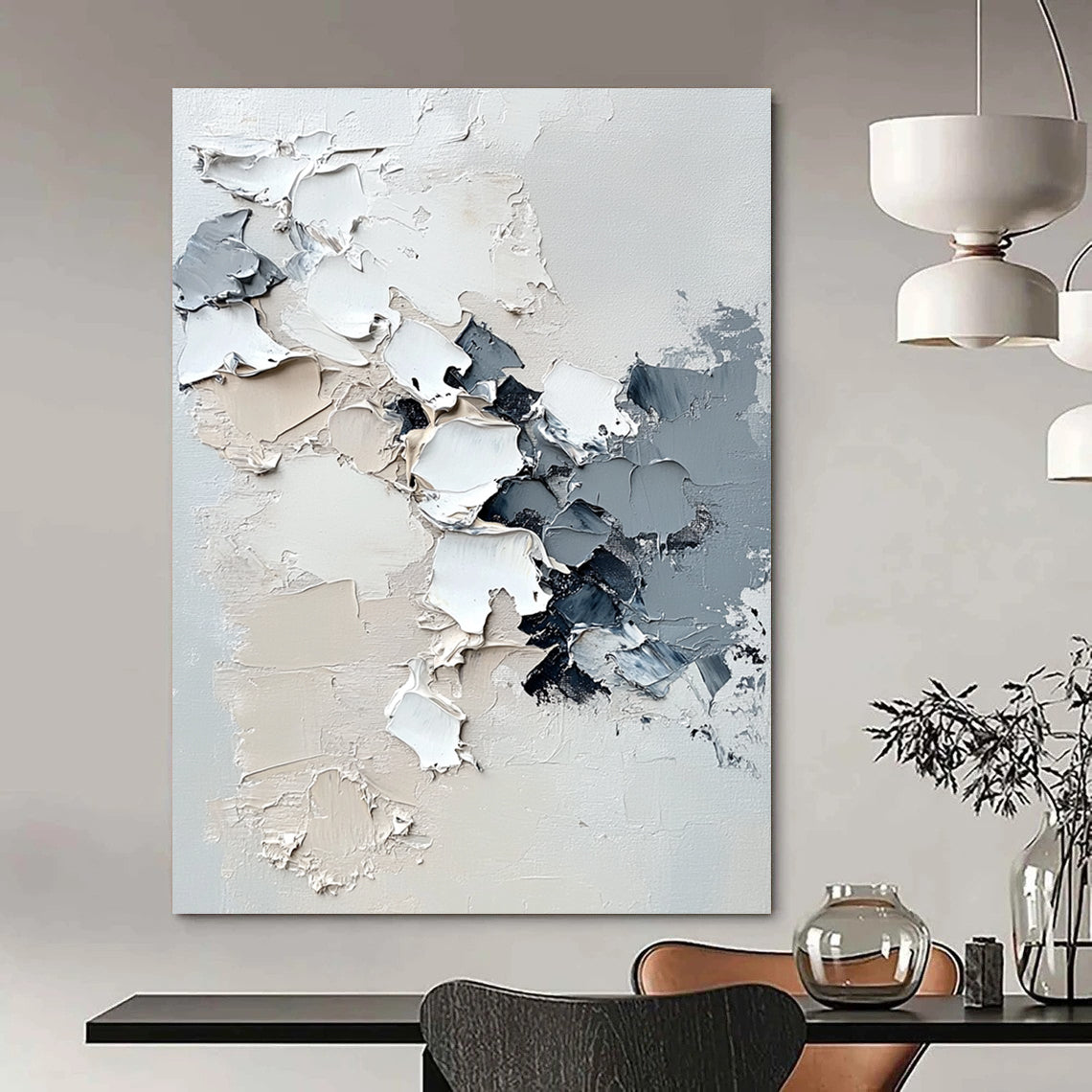 Contemporary hand-painted abstract artwork featuring melting snowflakes, impasto texture, and a serene white background in neutral tones. DLZ0629
