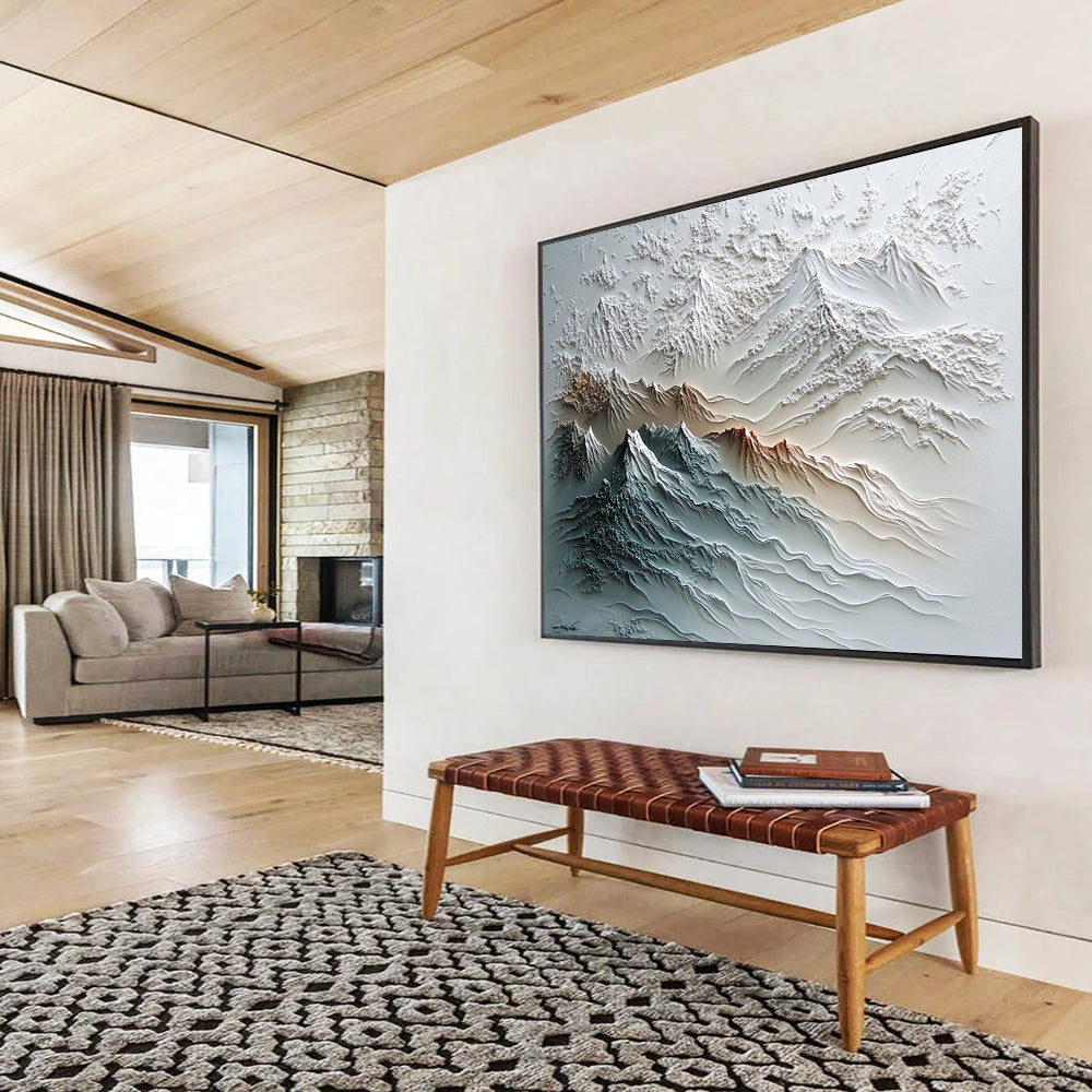 White, Gray, Brown and Blue Textured Mountain "Sculpted Peaks" Painting On Canvas HB0667