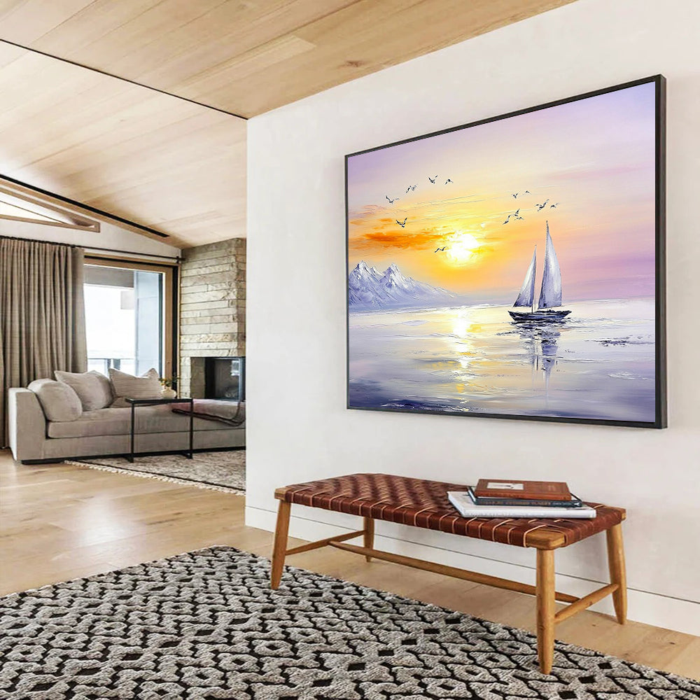 “Sailboat Under Mountain Sunset” - Oranges, Yellows, Purples, Sailboat, Mountains, Birds - Impasto Oil Painting HB1736