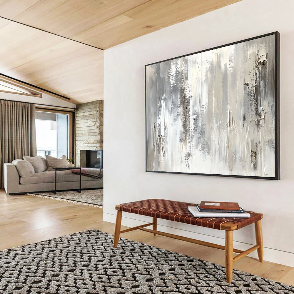 “Monochrome Textured Abstract” - Gray, White, Textured Brushstrokes Painting On Canvas HB0886