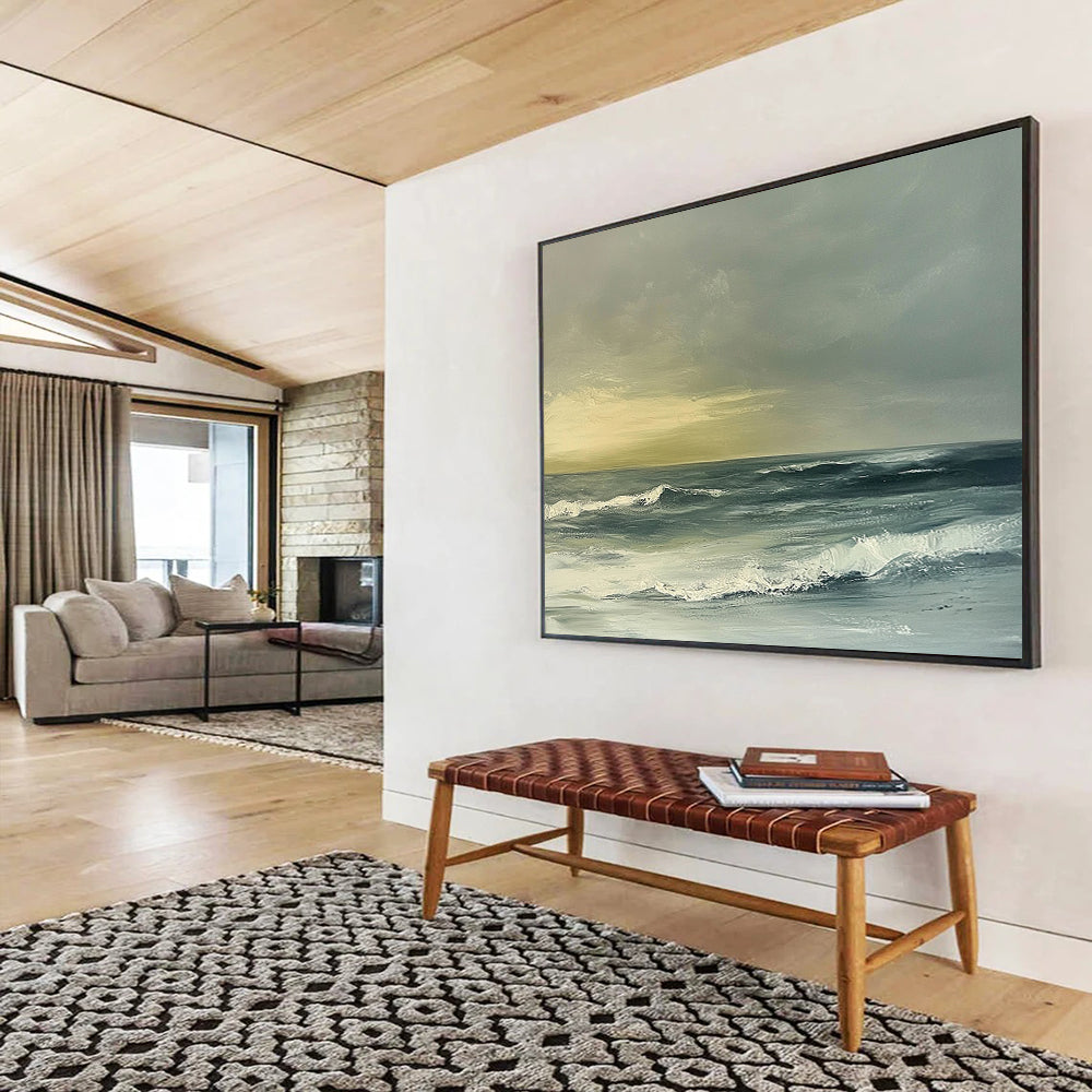 Green, Gray, White and Beige Subtle Seaside "Quiet Surf" Painting On Canvas HB0674