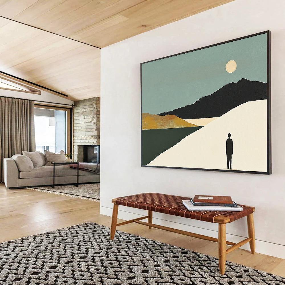 “Figure in Moonlit Landscape” - Teal sky, black mountains, white dune, Modern Landscape Painting On Canvas HB0607