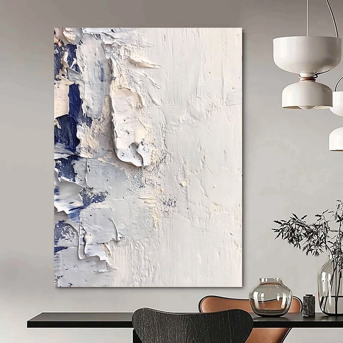 Large contemporary hand-painted abstract artwork featuring white snow and ice with thick impasto textures reminiscent of Richard Schmid's style. DLZ0676