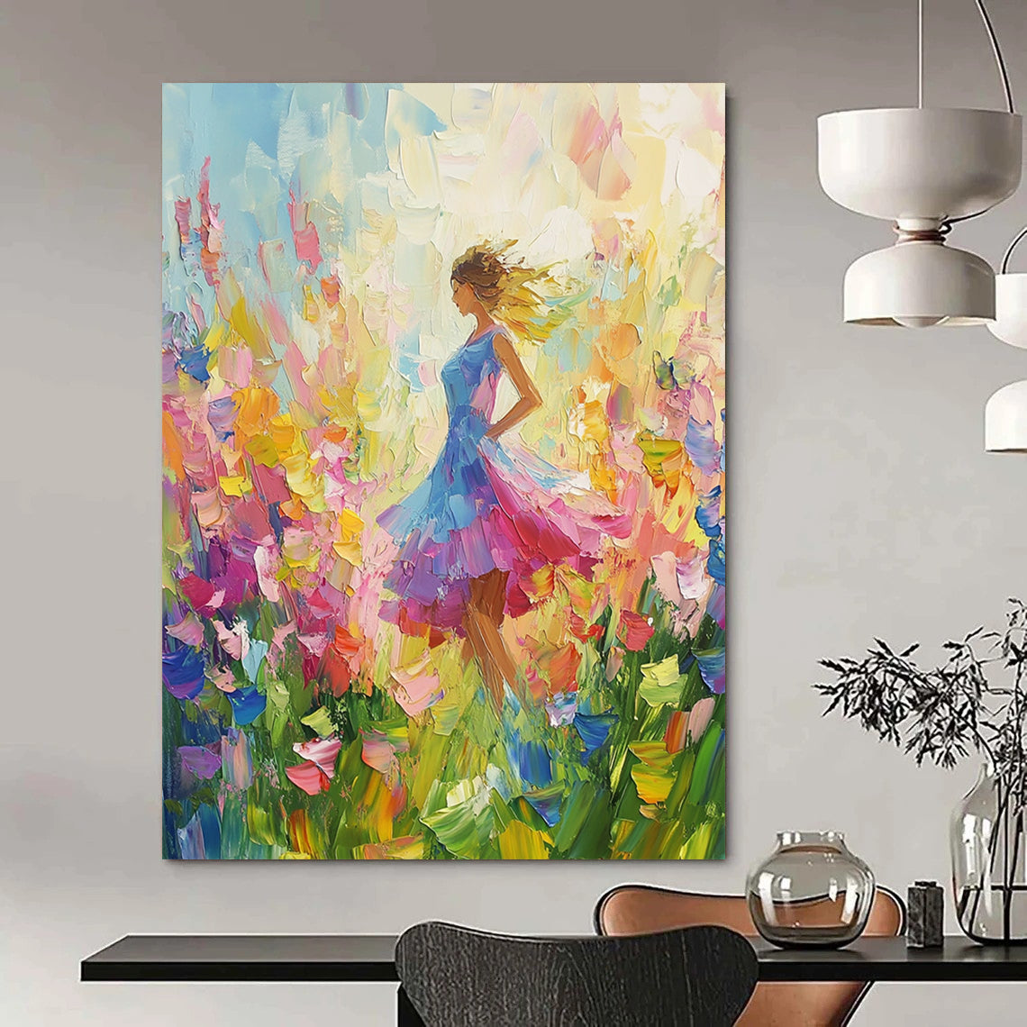 Vibrant contemporary abstract painting featuring colorful wildflowers with a palette knife technique against a soft-hued background. Perfect for brightening any space. DLZ1570