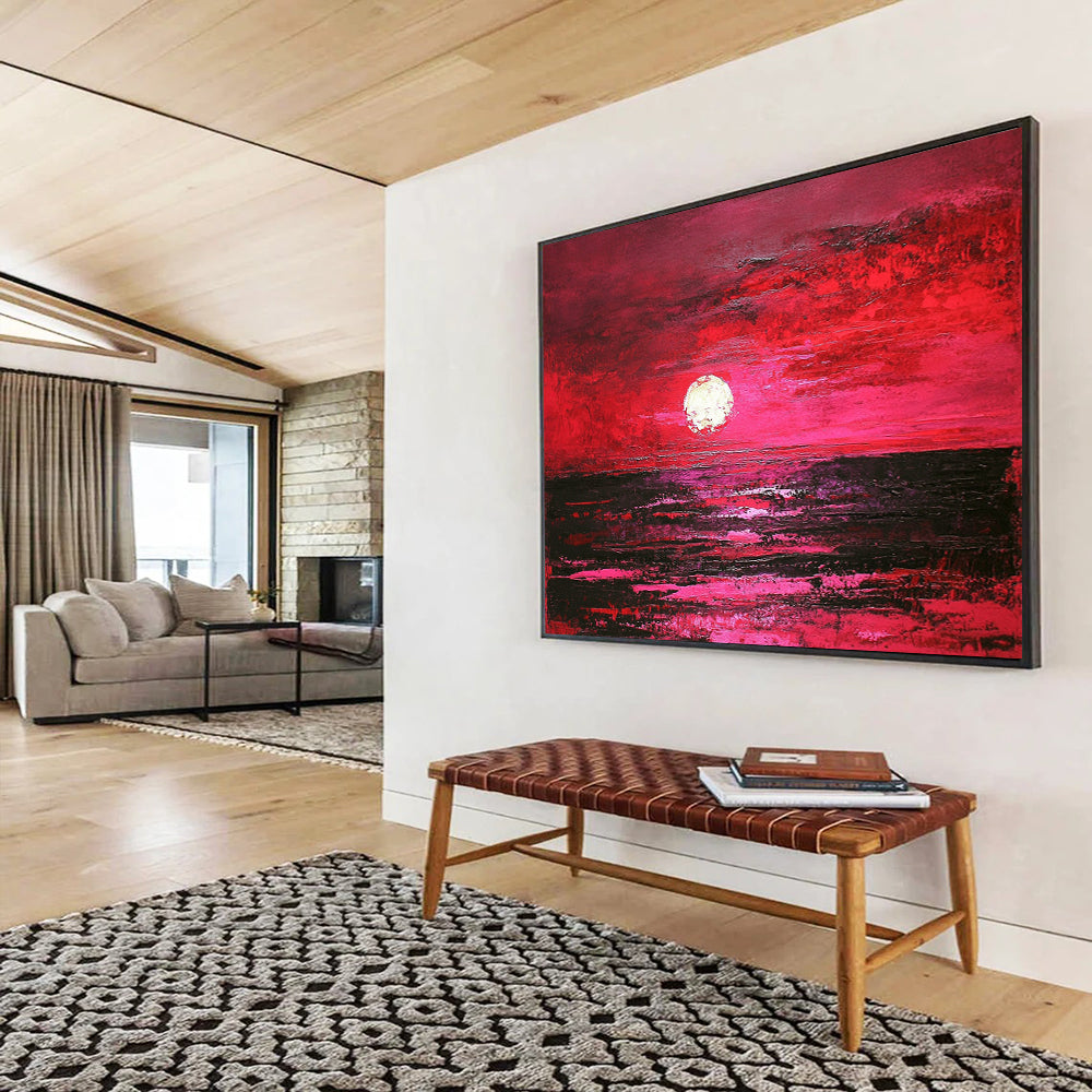 “Crimson Sunset Sea” - Deep Reds, Pinks, Purples, Ocean at Sunset - Textured Oil Painting HB1731