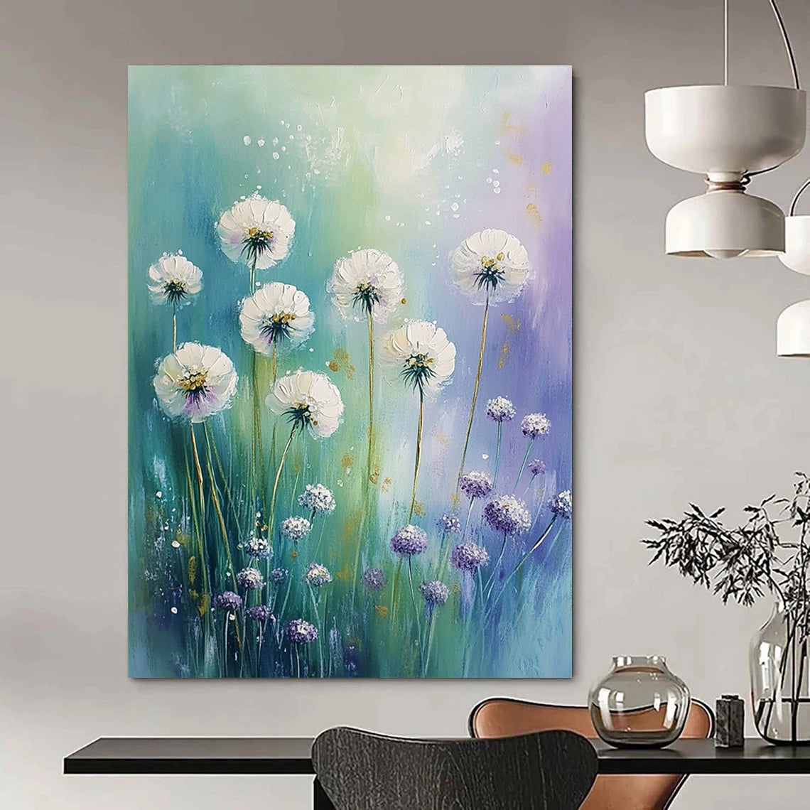 Contemporary abstract painting featuring white flowers, dandelions, and alliums in pastel hues against a green blue purple sky with gold accents. DLZ0821