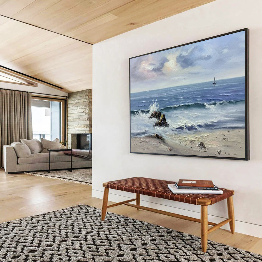Coastal Wave & Sailboat Oil Painting - Serene Living Room or Office Art DLZ190