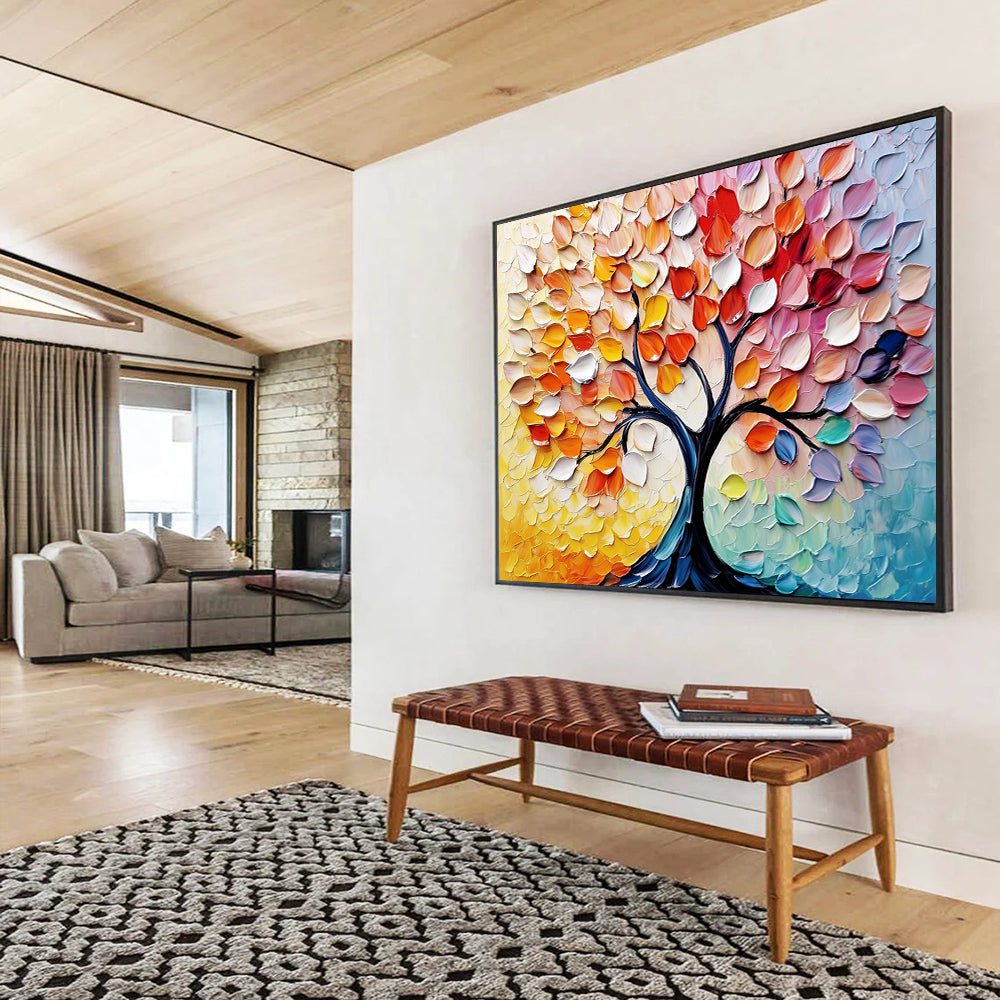 “Colorful Autumn Tree with Textured Leaves” - Yellow, Orange, Red, Pink, Colorful Leaf Textures - Palette Knife Acrylic Painting HB1637