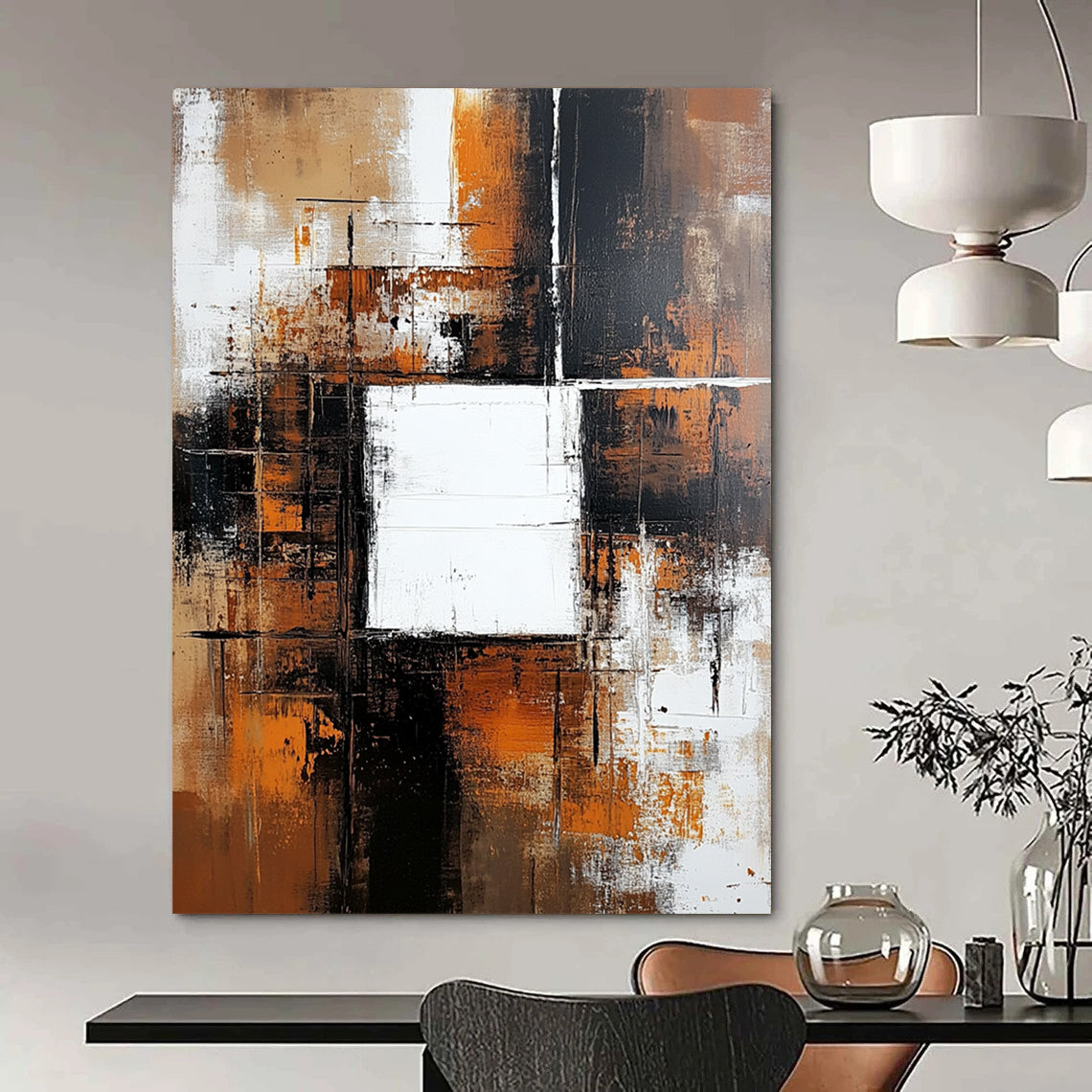 Contemporary hand-painted abstract artwork features a brown and white background with color blocks, a central white square, dark orange accents, and neutral tones. DLZ0701
