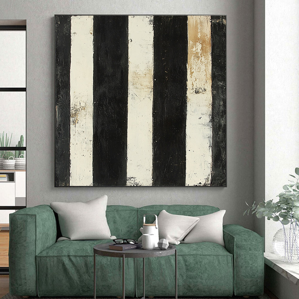 Black, White, Beige, Stripes "Vintage Striped Relic" Abstract Textured Painting On Canvas HB170