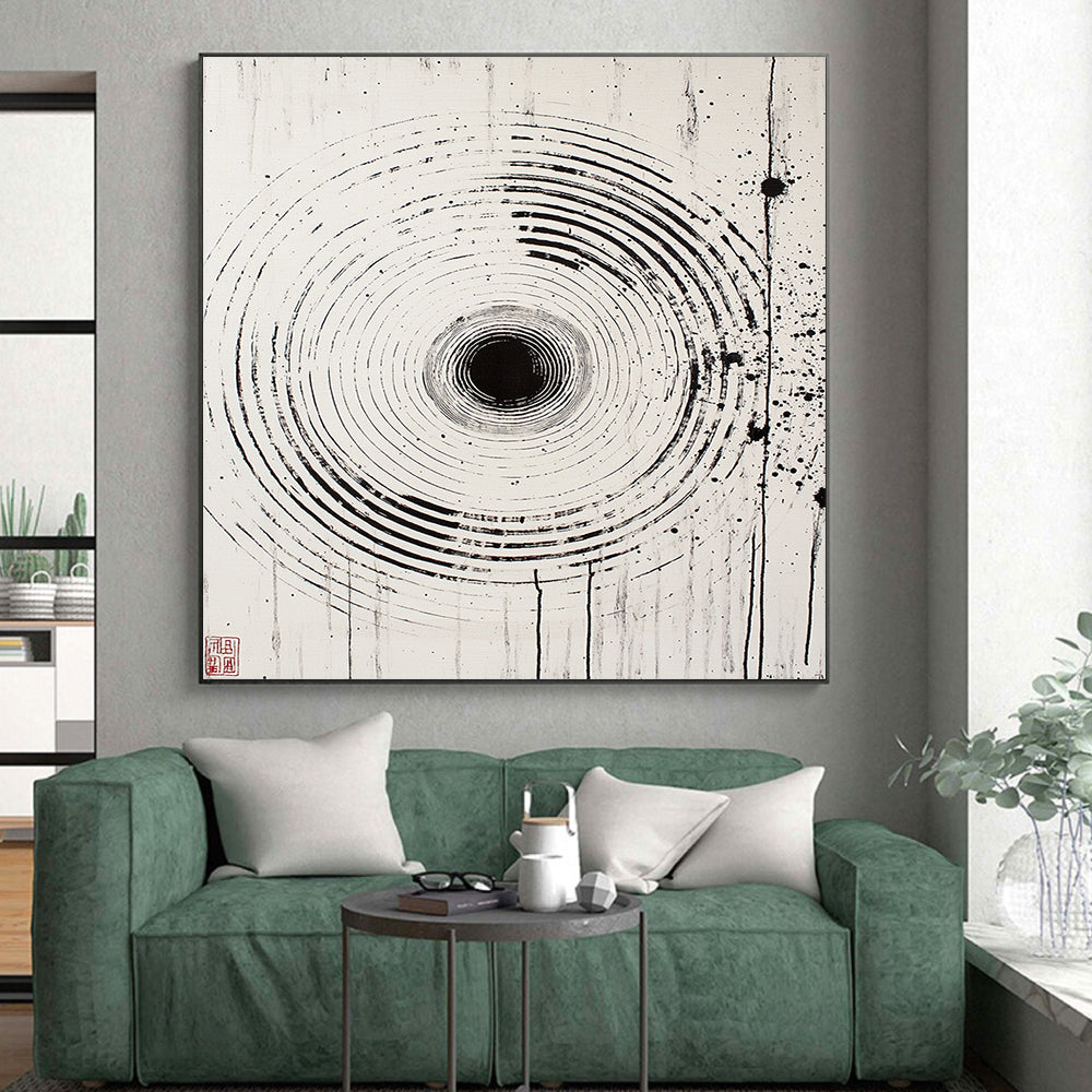 Black Rings with Splashes - “Ink - Wash Universe Rings” Painting On Canvas HB188