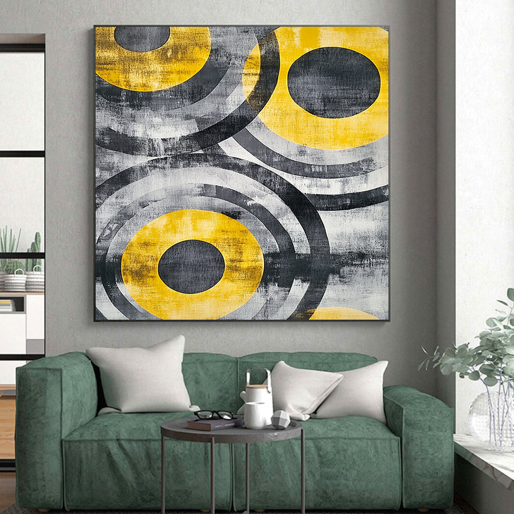 Gray, Black, Yellow and White Abstract Circles "Energetic Orbits" Painting On Canvas HB380
