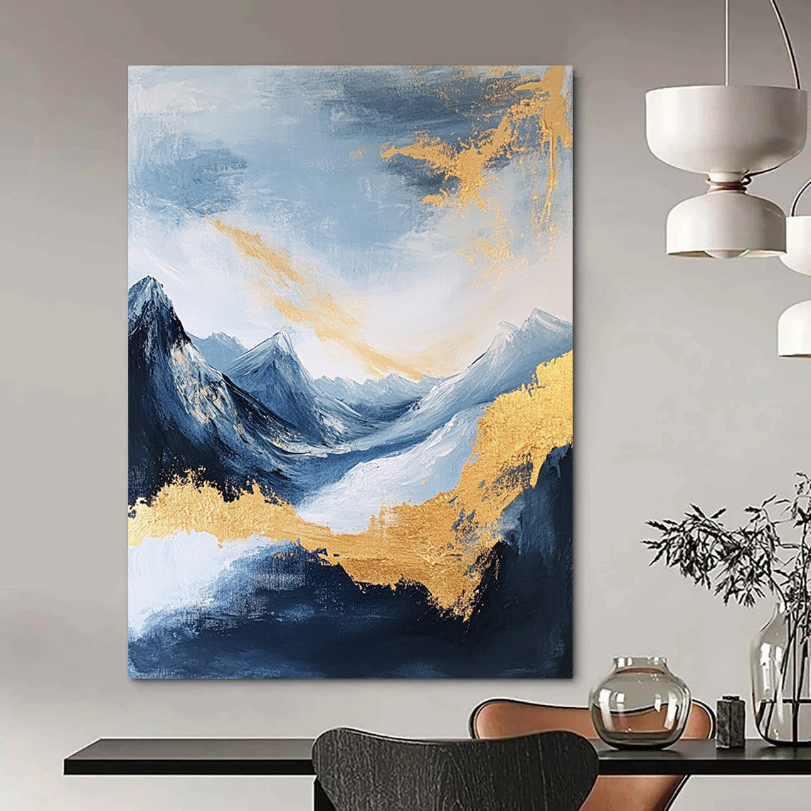 Large contemporary abstract painting featuring exquisite details of mountains clouds and sea in deep gold indigo and yellow colors against a white background DLZ0338