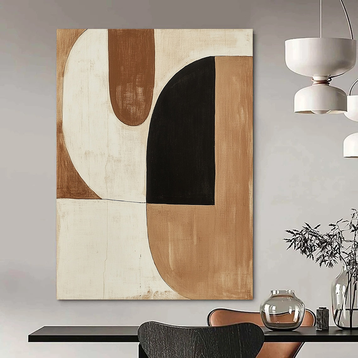 Large contemporary hand-painted abstract artwork featuring minimalist shapes in earth tones and a striking black shape. DLZ1135