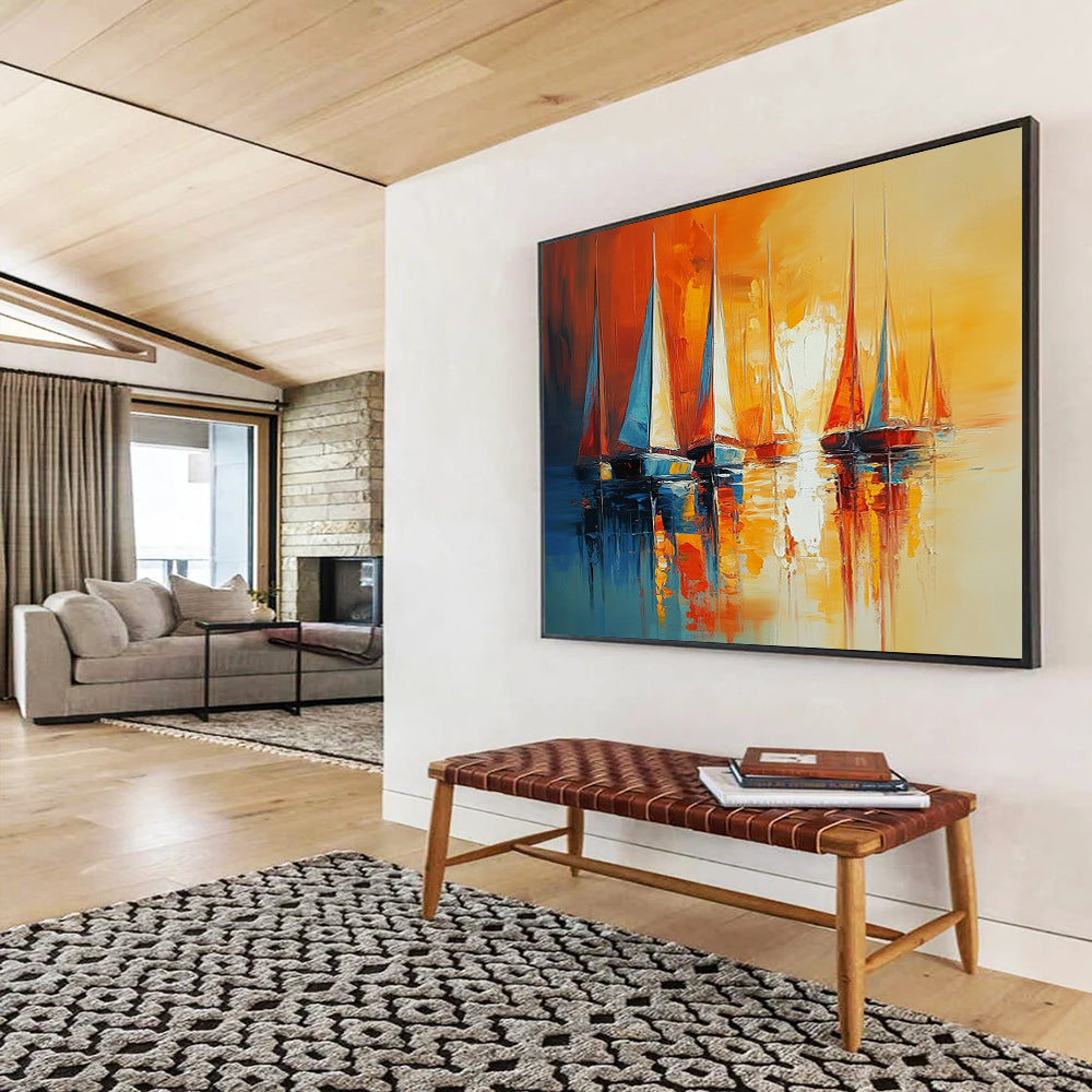“Sunset Sails” - Orange, yellow, blue; Sailboats on calm water at sunset; Impasto Oil Painting On Canvas HB1166