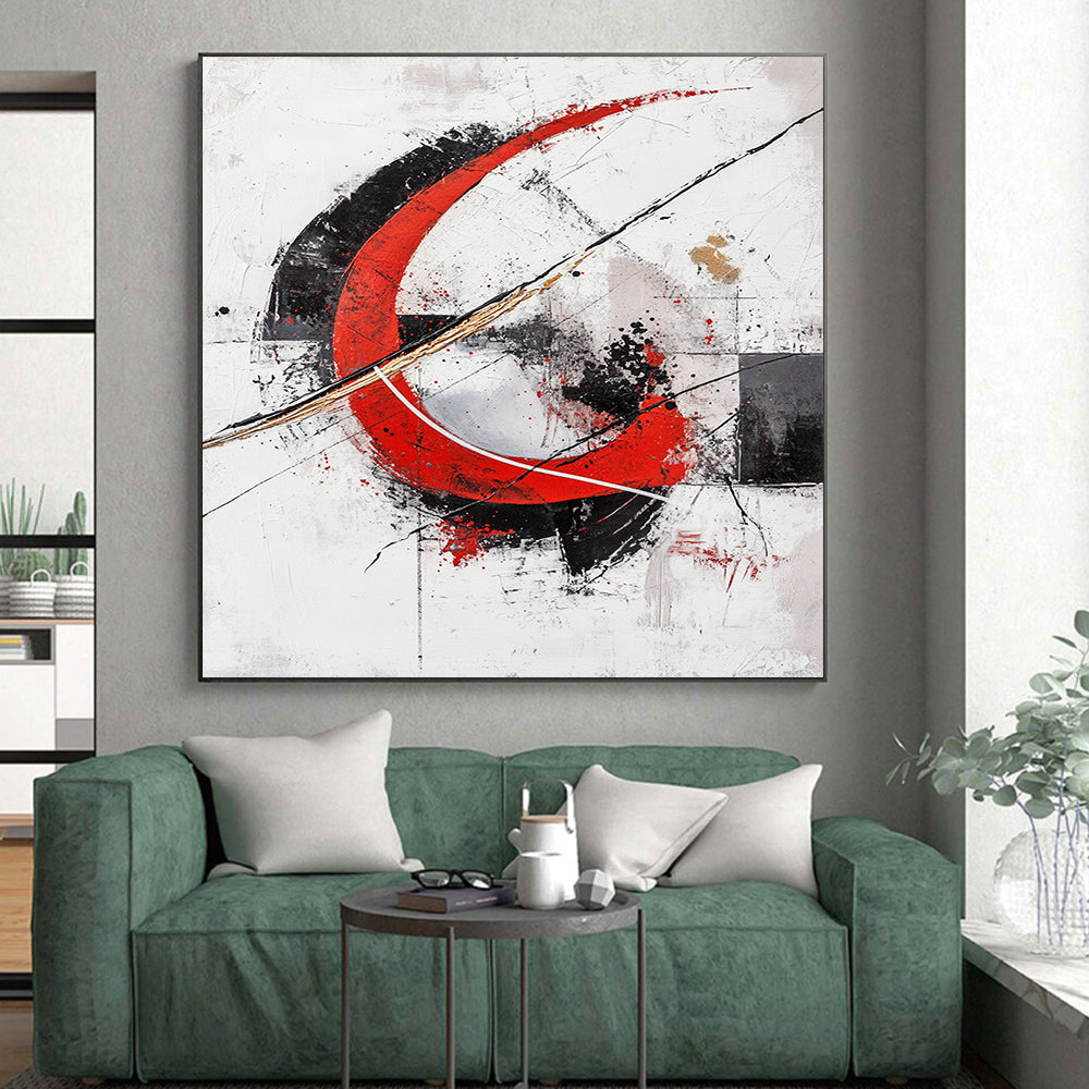 White, Red, Black, Gray, Gold, Circular Motifs "Crimson Enso" Abstract Zen - Inspired Painting On Canvas HB070