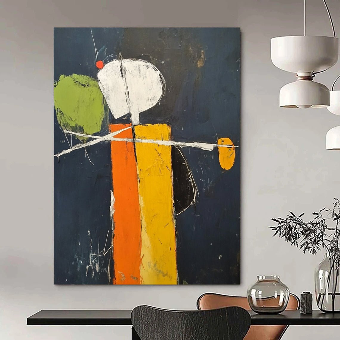 Contemporary hand-painted abstract art featuring a minimalistic orange and yellow figure on a dark blue background with green accents and visible brush strokes DLZ1581